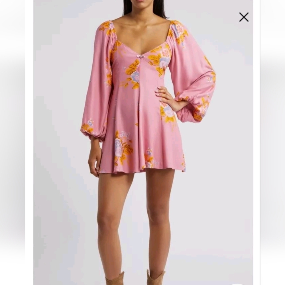 Free People Floral Pink Long Sleeve Mini Dress Francesca Dawn Pink M Tunic
